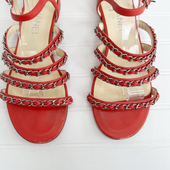 Chanel Red Leather CC Chain Sandals Four Strap Ankle Gladiator 38 - Picture 3 of 14